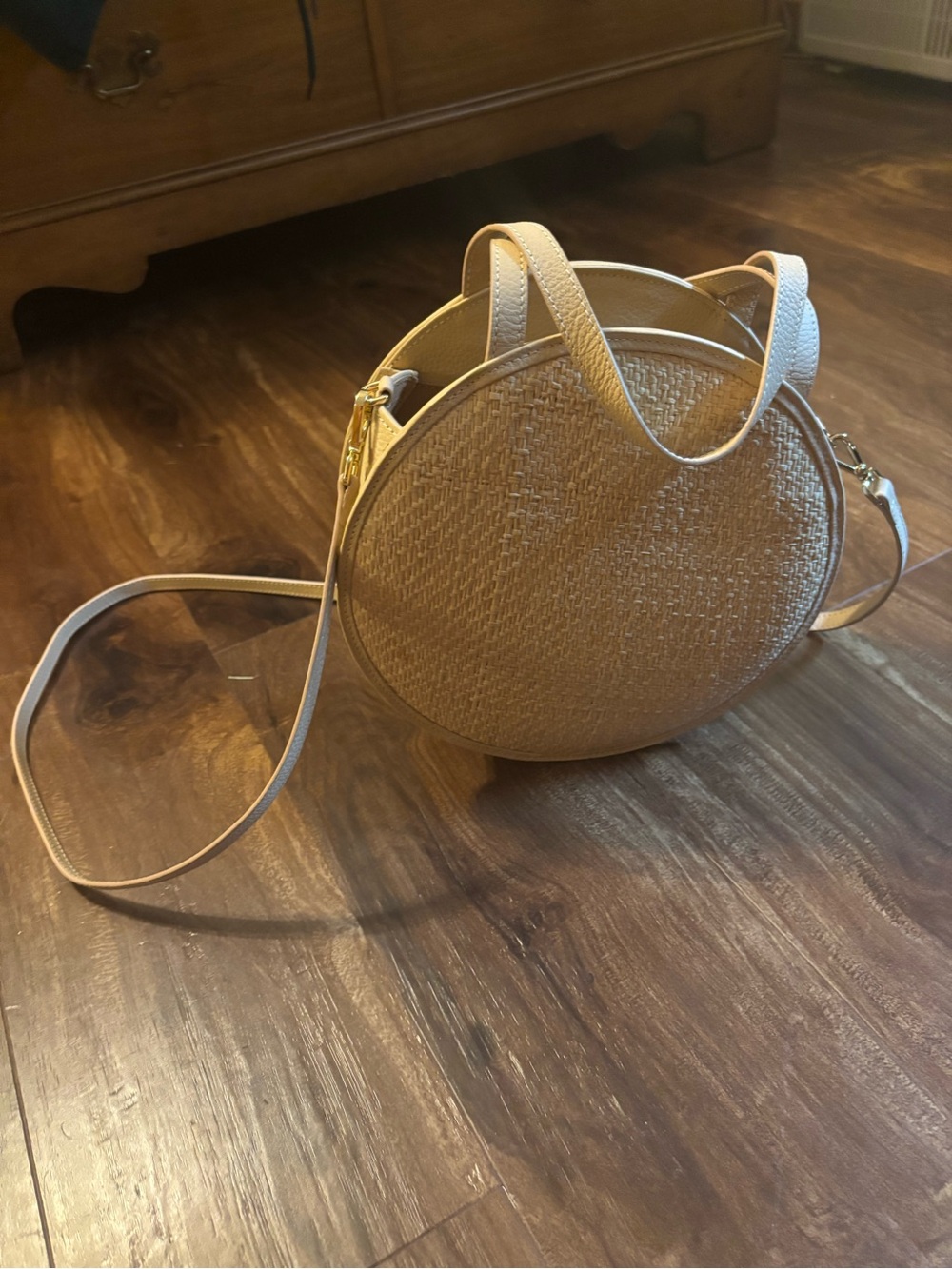 Round Cream Crossbody Bag with Woven Straw Top